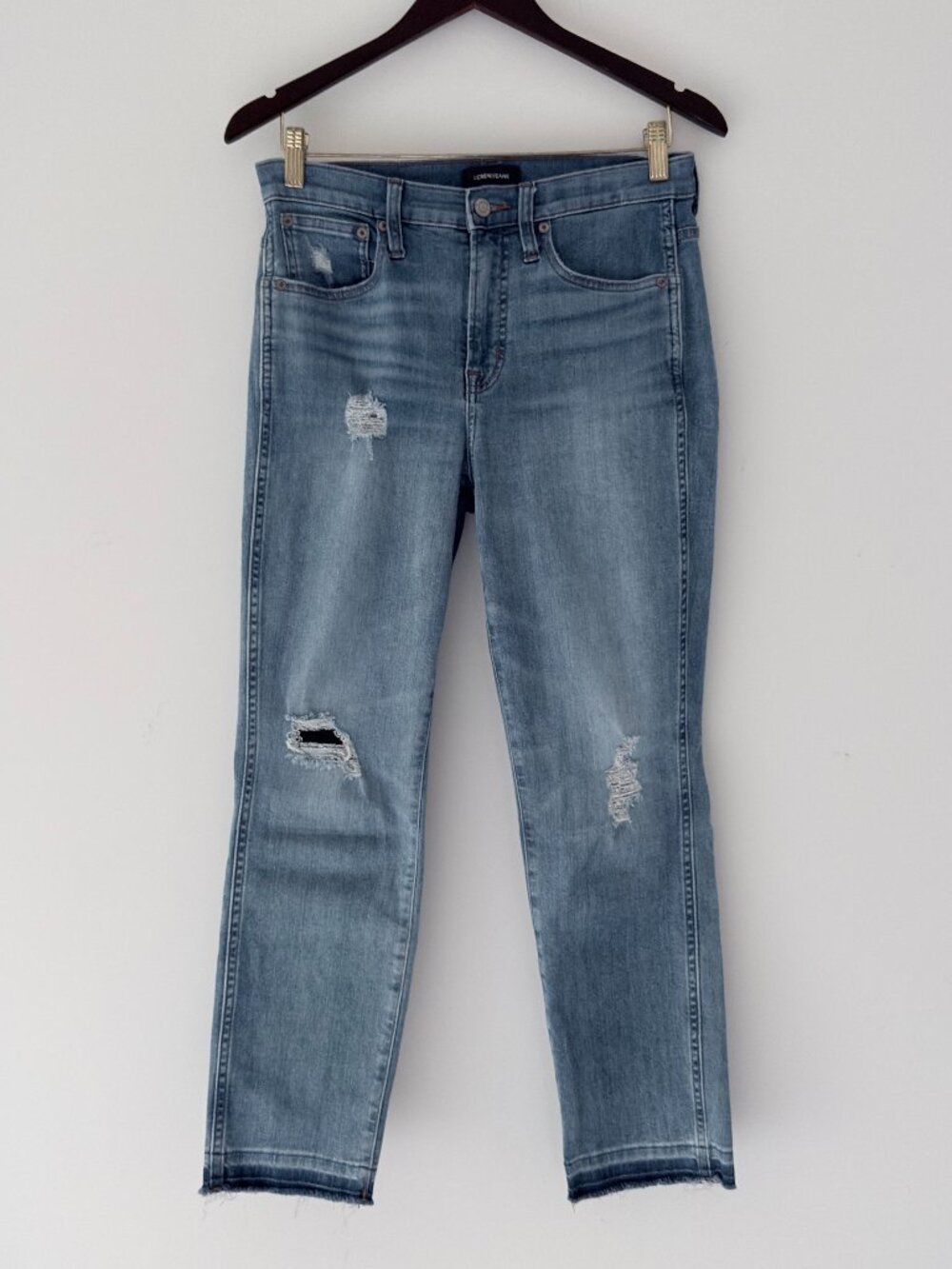J.Crew Vintage Straight Eco Jeans Womens 29 Blue Denim Distressed Raw Hem Ripped
